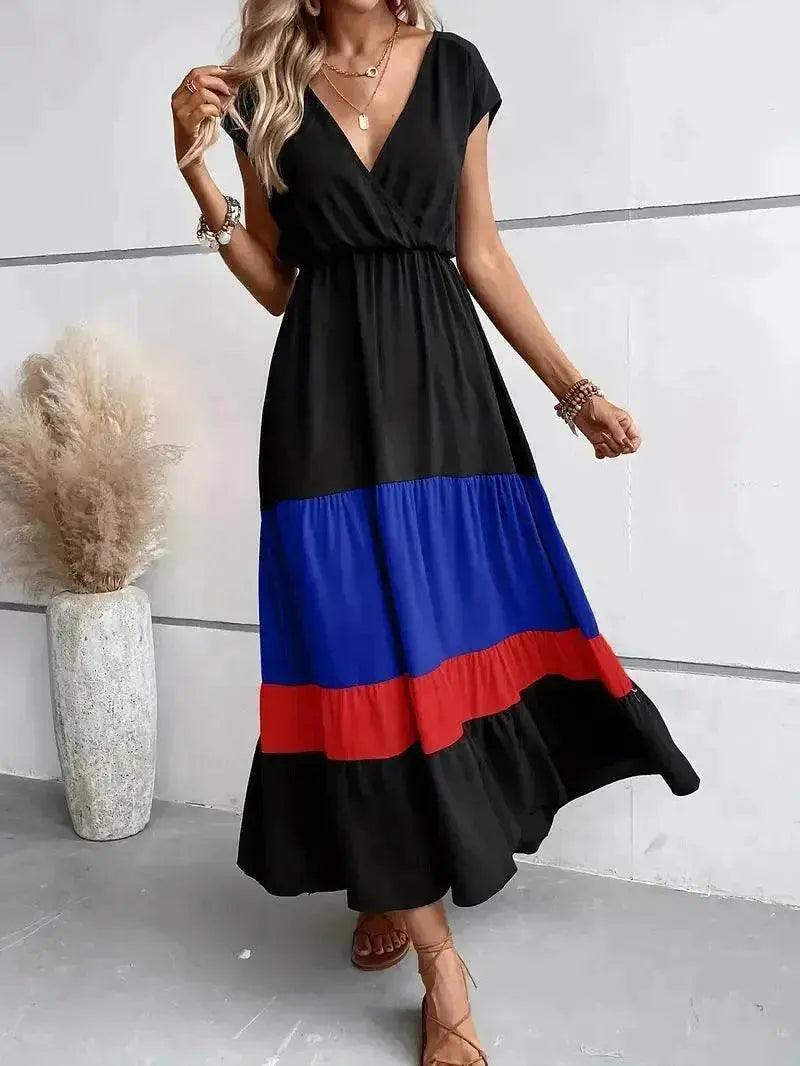 Color Block Pleated V-neck Dress Casual Polo Collar - EX-STOCK Canada