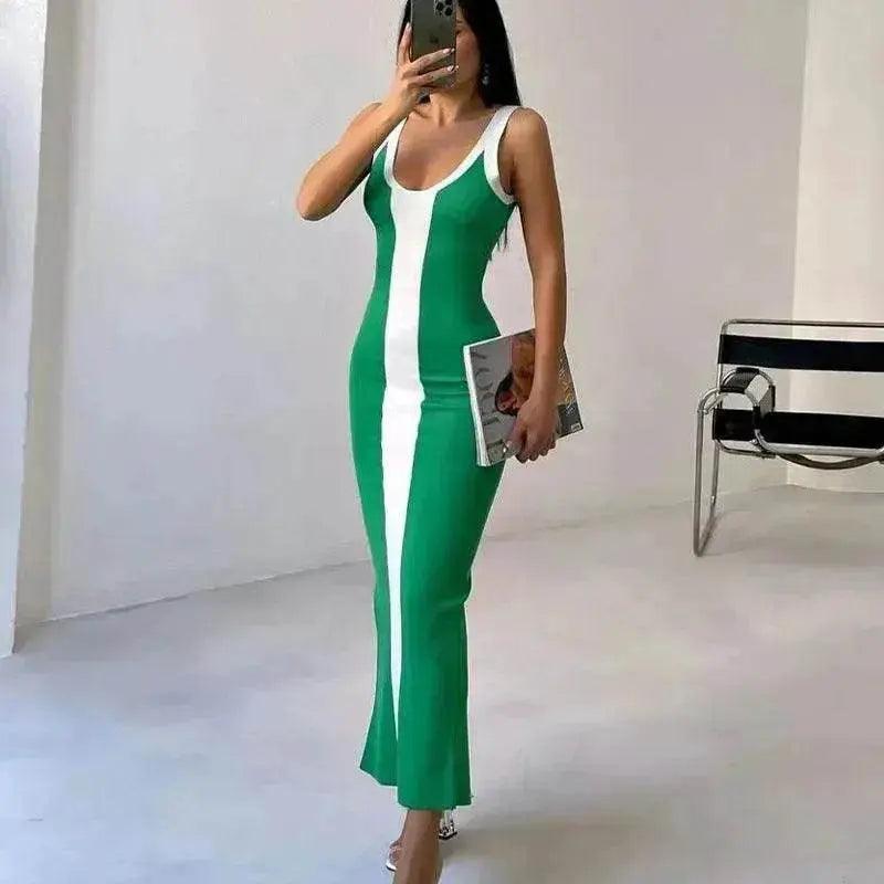 Contrast Color Knitted Mid-length Tight Braces Dress Women - EX-STOCK Canada