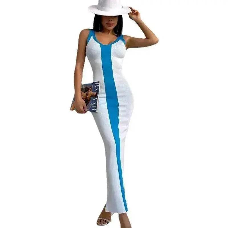 Contrast Color Knitted Mid-length Tight Braces Dress Women - EX-STOCK Canada