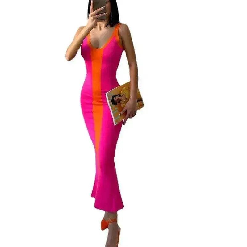 Contrast Color Knitted Mid-length Tight Braces Dress Women - EX-STOCK Canada