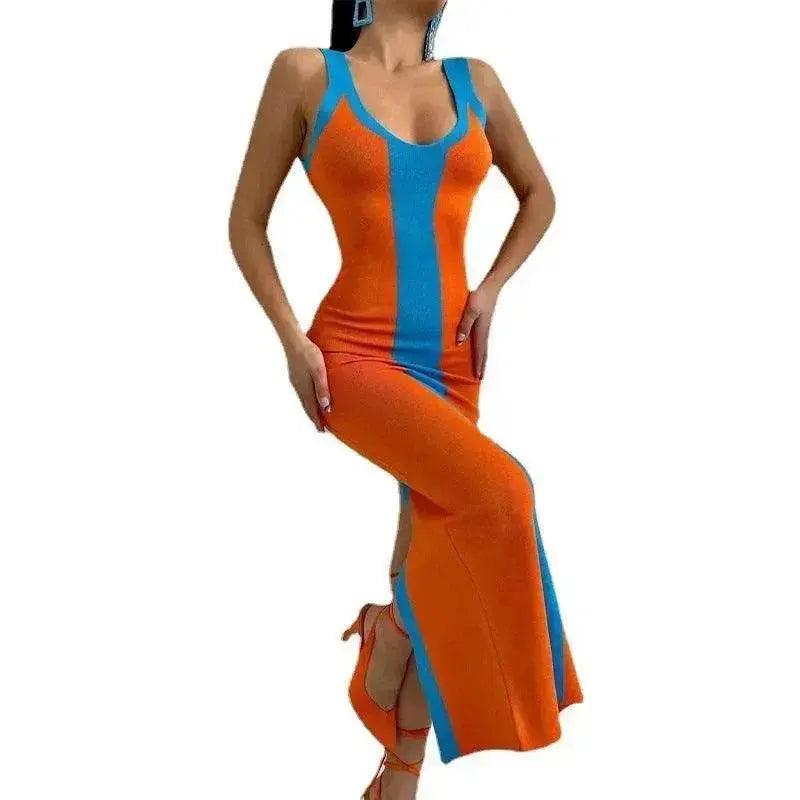 Contrast Color Knitted Mid-length Tight Braces Dress Women - EX-STOCK Canada
