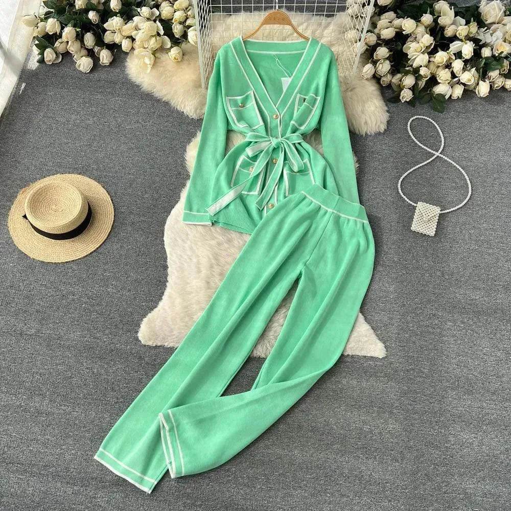 Contrast Color Suit Women's Long Sleeve V-neck Lace-up Knitwear Draping Wide Leg Trousers Two-piece Set - EX-STOCK Canada