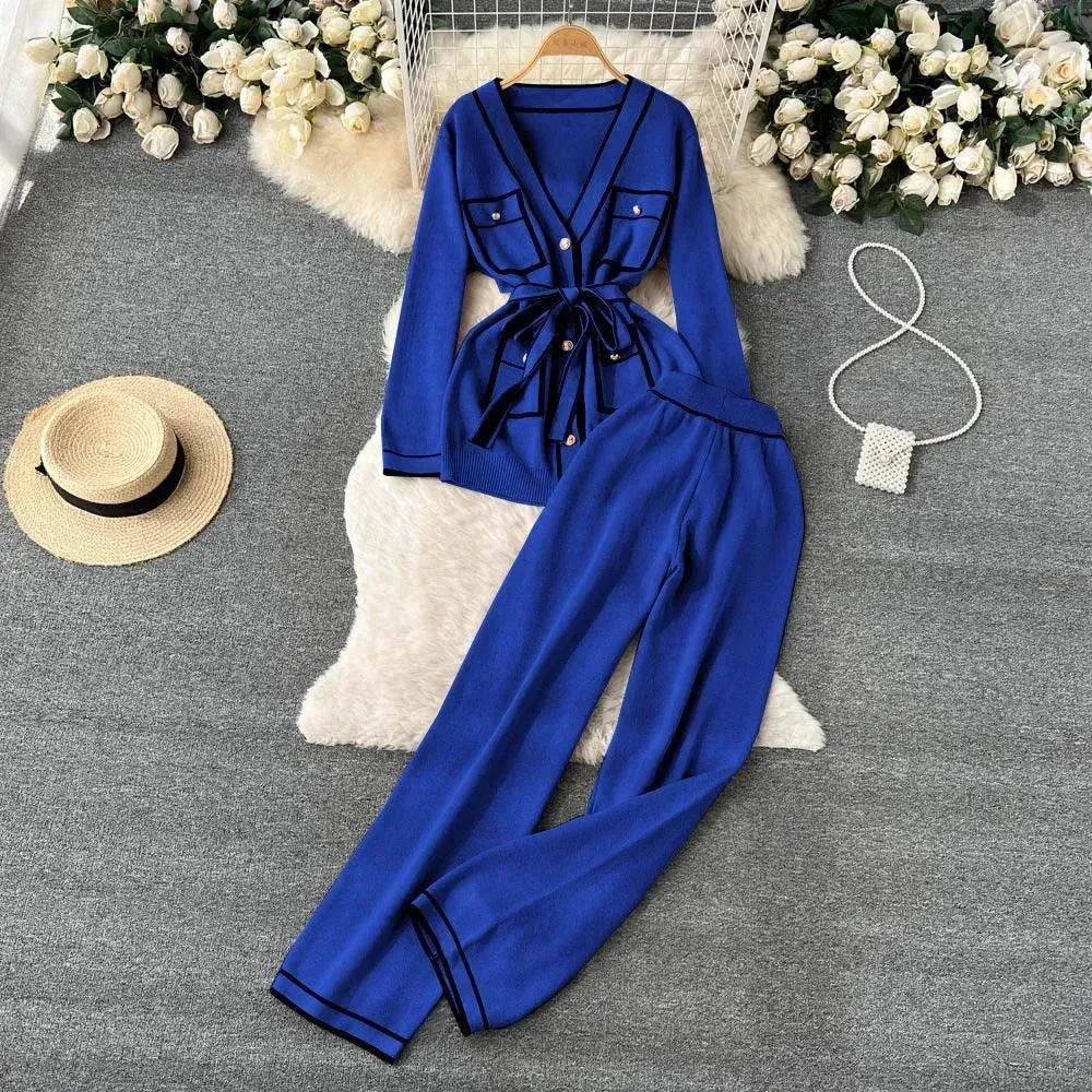 Contrast Color Suit Women's Long Sleeve V-neck Lace-up Knitwear Draping Wide Leg Trousers Two-piece Set - EX-STOCK Canada