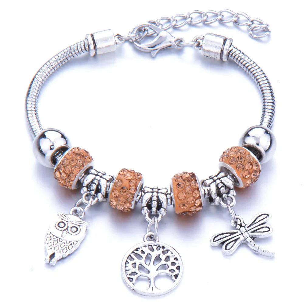 Crown, peach heart, owl, elephant pendant, multi-element large beads, retro female bracelet EX-STOCK Canada