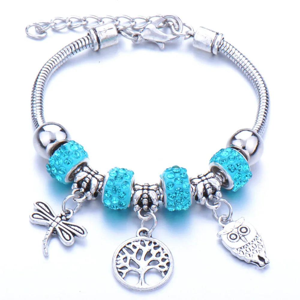 Crown, peach heart, owl, elephant pendant, multi-element large beads, retro female bracelet EX-STOCK Canada