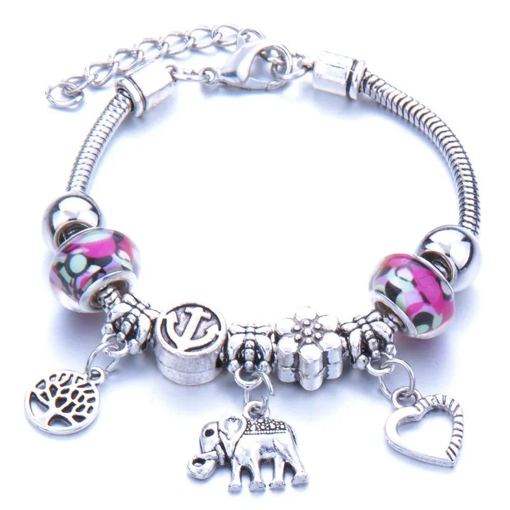 Crown, peach heart, owl, elephant pendant, multi-element large beads, retro female bracelet EX-STOCK Canada