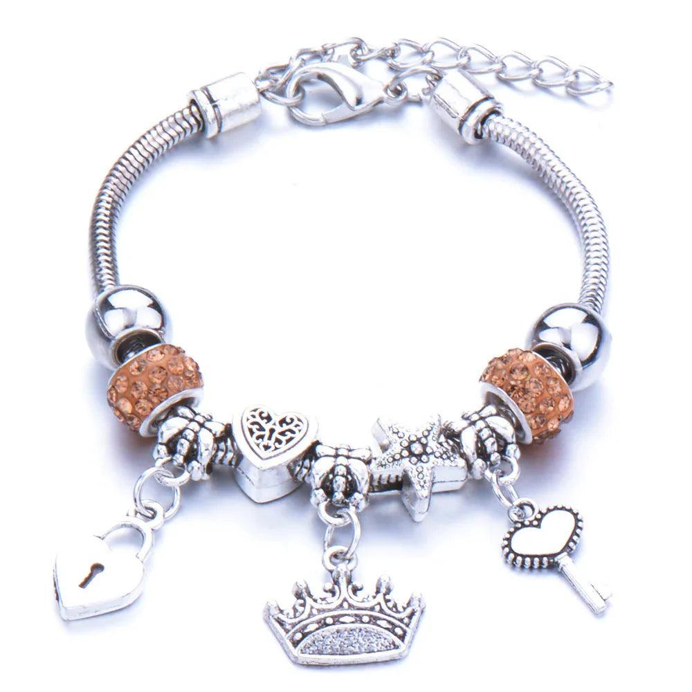 Crown, peach heart, owl, elephant pendant, multi-element large beads, retro female bracelet EX-STOCK Canada