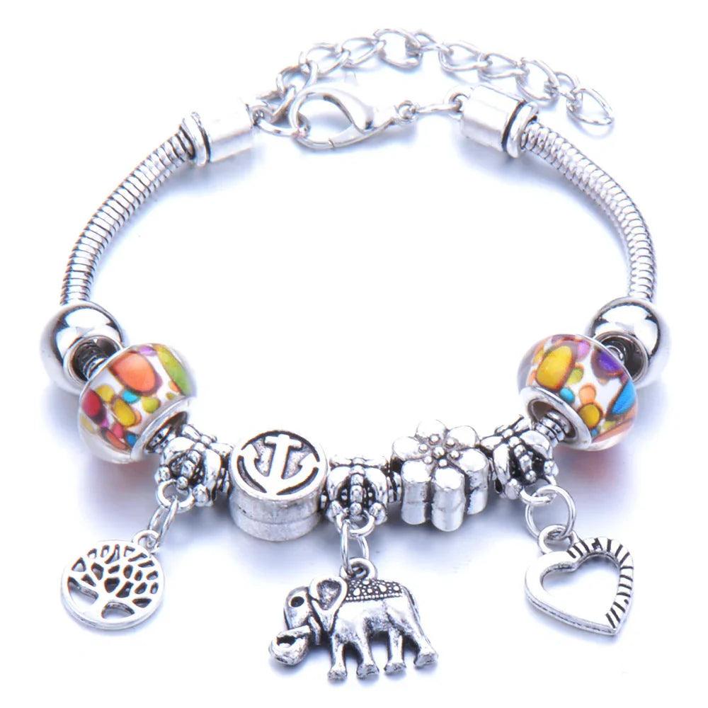 Crown, peach heart, owl, elephant pendant, multi-element large beads, retro female bracelet EX-STOCK Canada