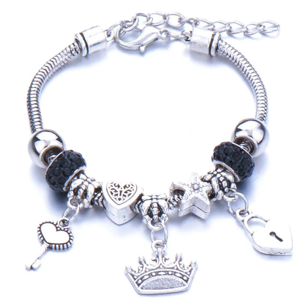 Crown, peach heart, owl, elephant pendant, multi-element large beads, retro female bracelet EX-STOCK Canada