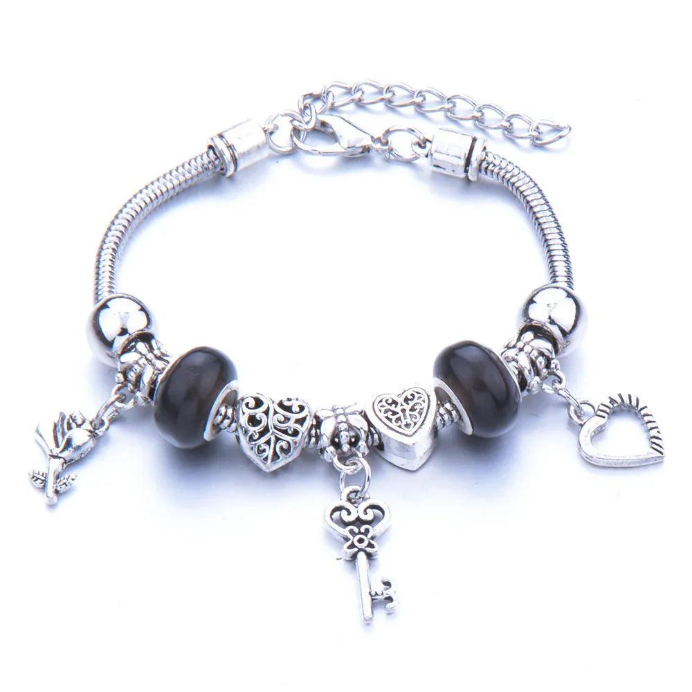 Crown, peach heart, owl, elephant pendant, multi-element large beads, retro female bracelet EX-STOCK Canada