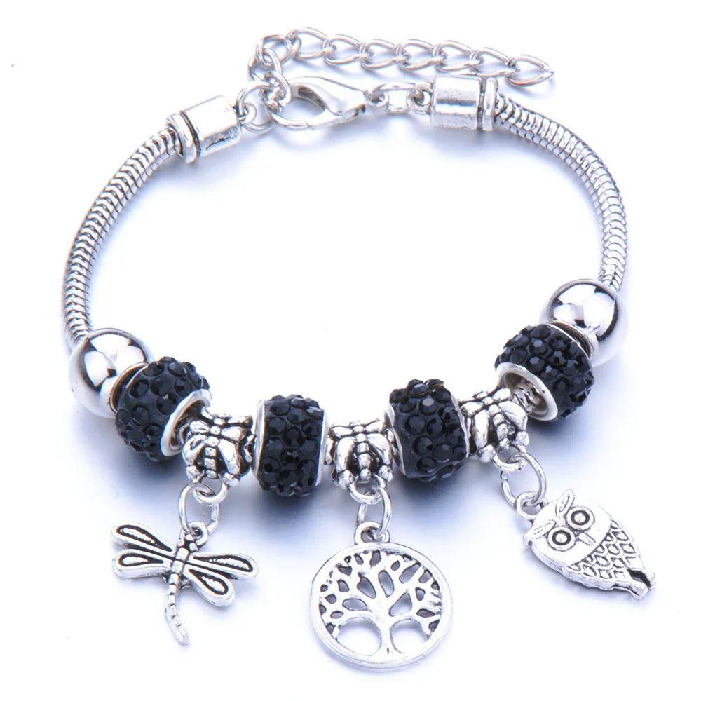 Crown, peach heart, owl, elephant pendant, multi-element large beads, retro female bracelet EX-STOCK Canada