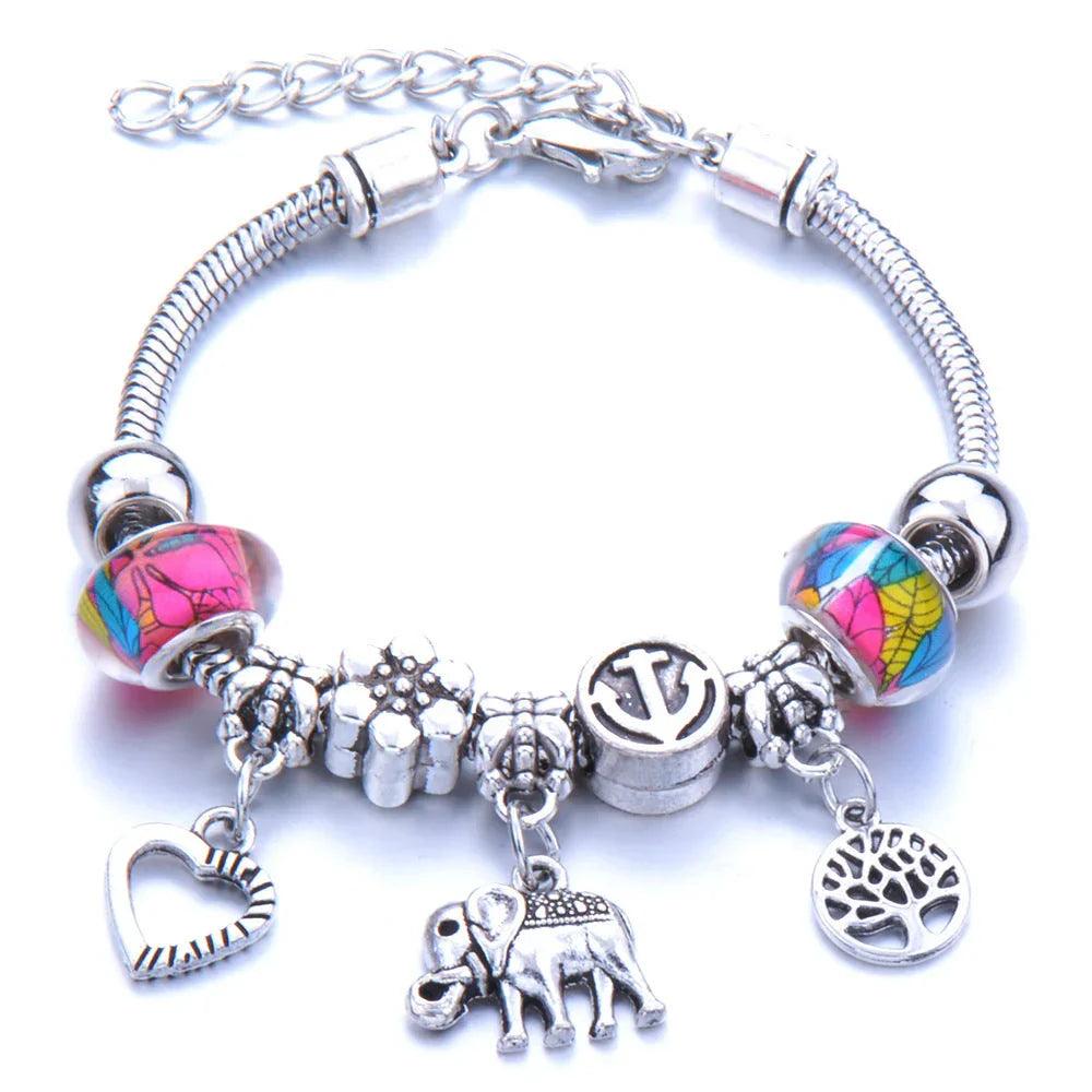 Crown, peach heart, owl, elephant pendant, multi-element large beads, retro female bracelet EX-STOCK Canada