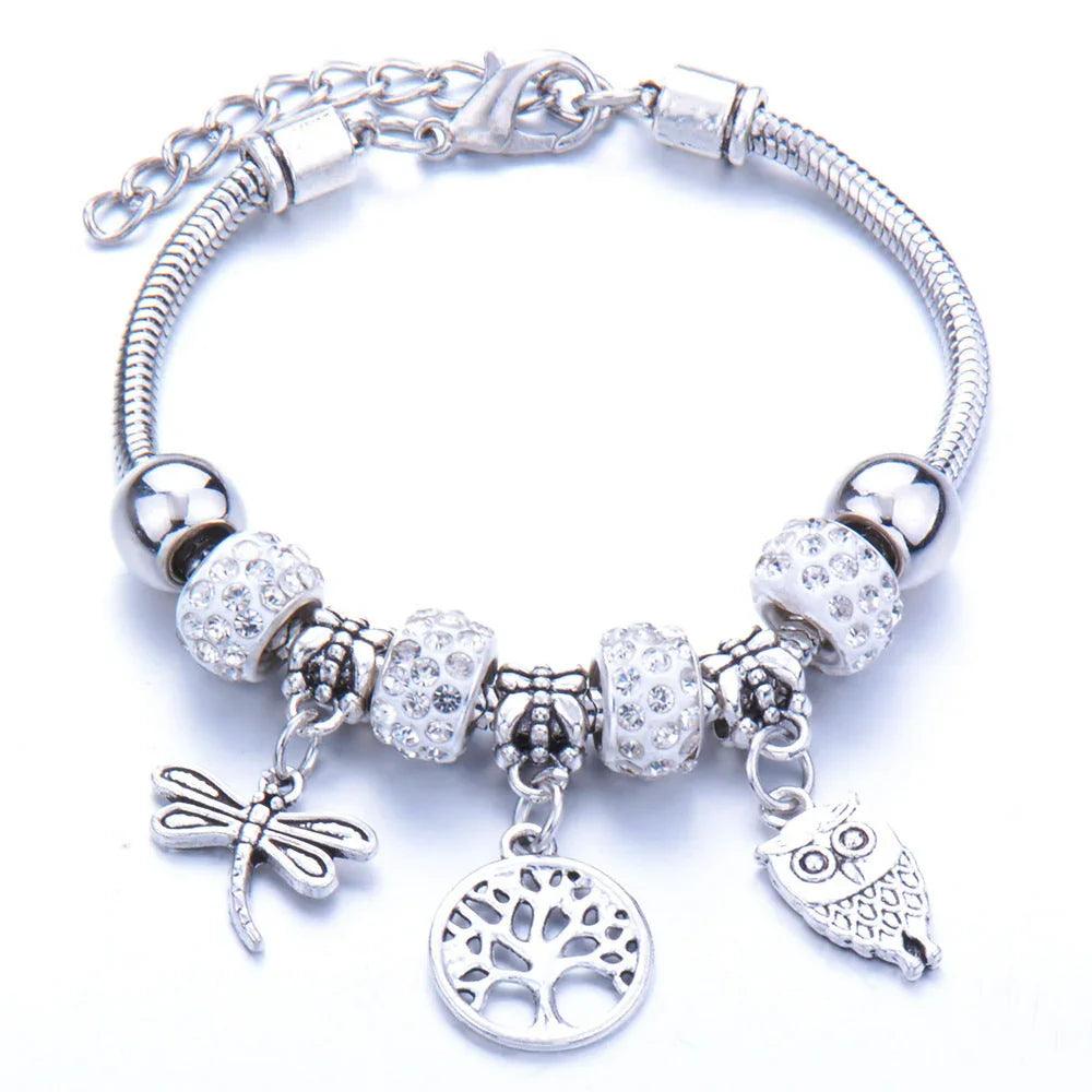 Crown, peach heart, owl, elephant pendant, multi-element large beads, retro female bracelet EX-STOCK Canada