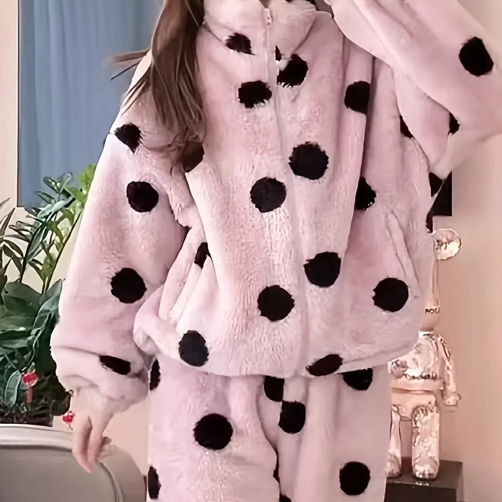 Cute Casual Pajamas For Women Winter Fleece-lined Thickened Polka Dot Turtleneck Drawstring Suit - EX-STOCK Canada
