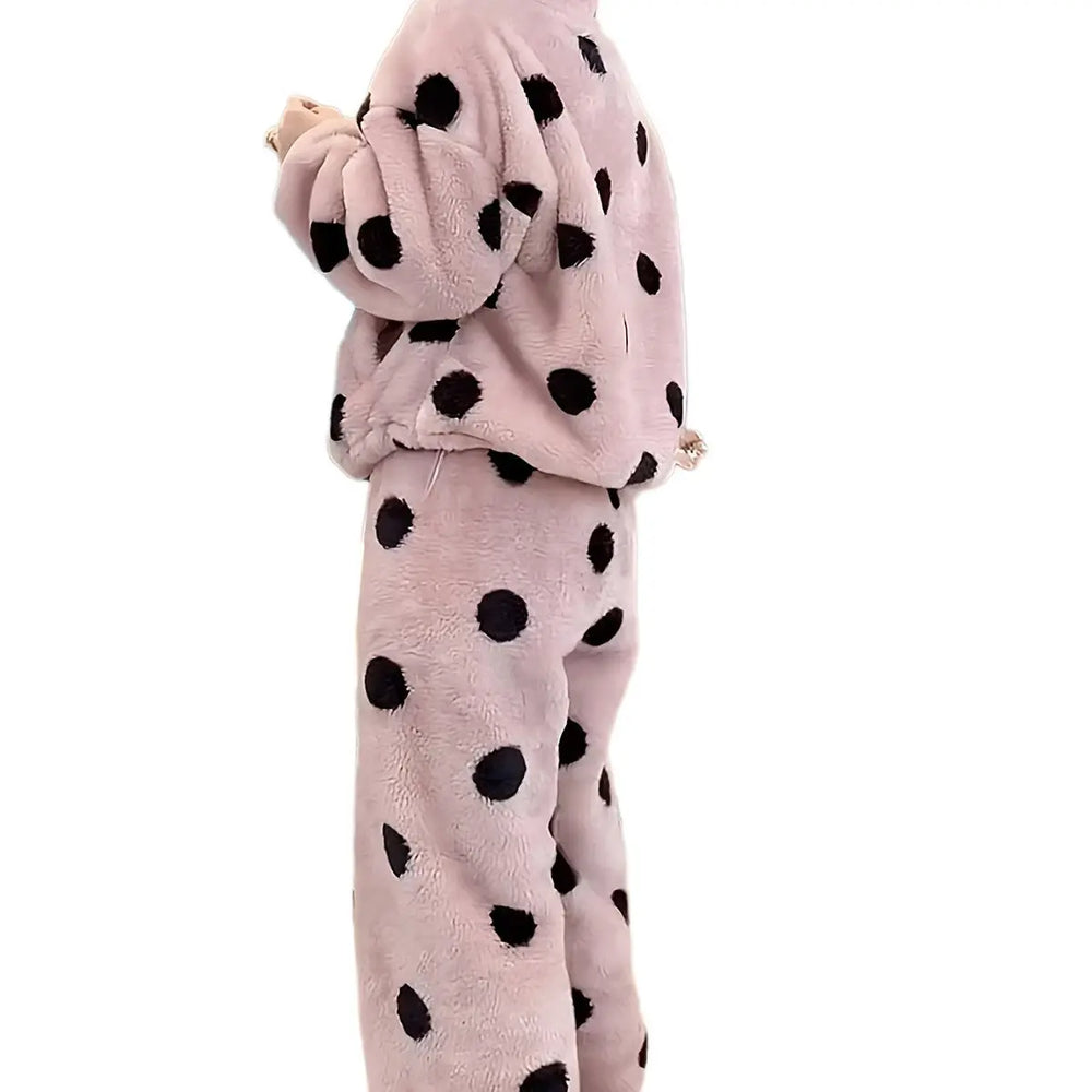Cute Casual Pajamas For Women Winter Fleece-lined Thickened Polka Dot Turtleneck Drawstring Suit - EX-STOCK Canada