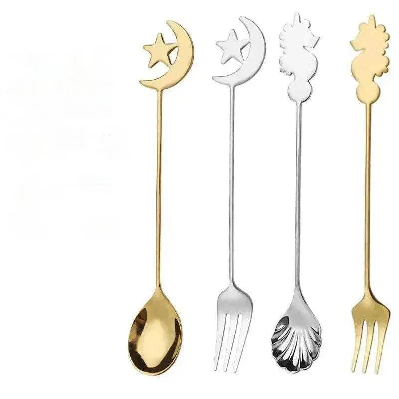 مجموعة ملعقة وشوكة من الفولاذ المقاوم للصدأ 304 بتصميم نجمة وقمر لطيفة للقهوة - EX-STOCK Canada