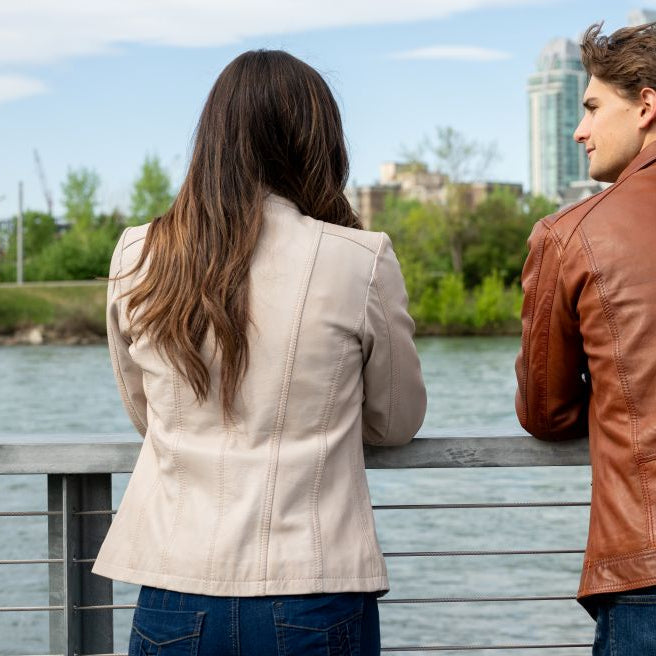 Women's Classic Lamb Leather Jacket. Round Collar with Studs, 4 Zippered Pockets & Shoulder Accent Stitching