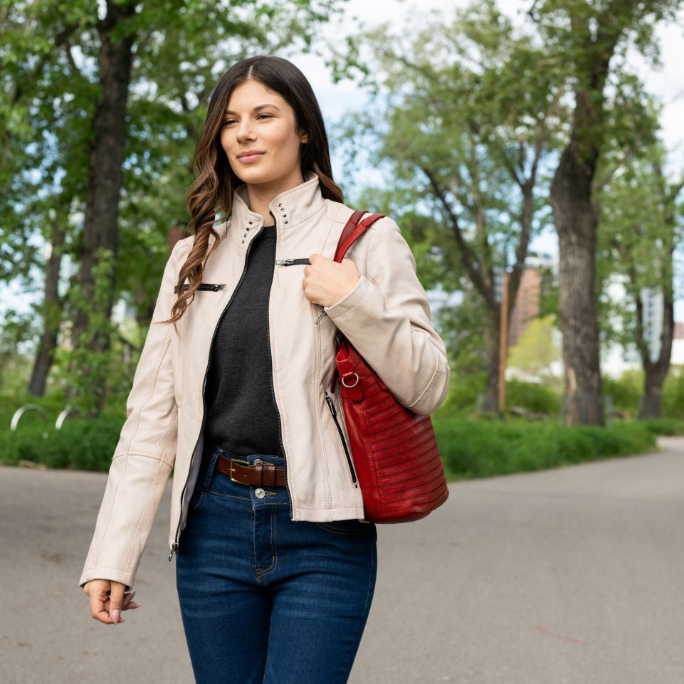 Women's Classic Lamb Leather Jacket. Round Collar with Studs, 4 Zippered Pockets & Shoulder Accent Stitching