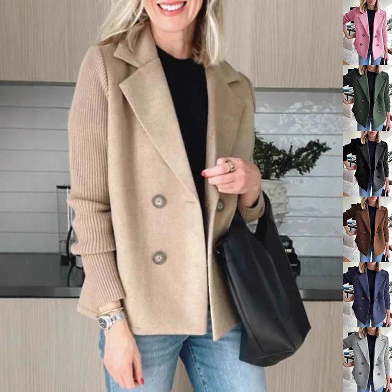 Double Breasted Lapel Jacket Fashion Knitted Sleeves Splicing Design Coat Outerwear EX-STOCK Canada