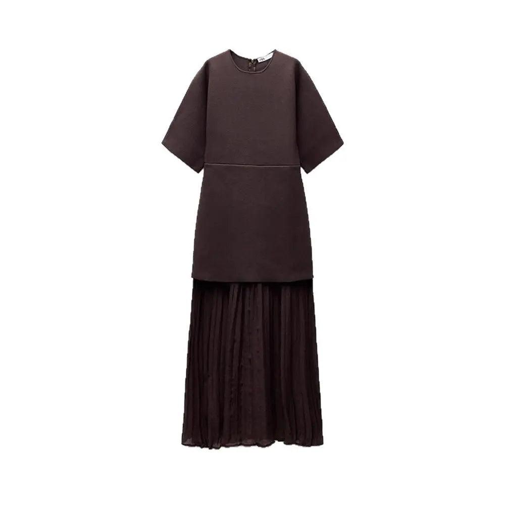 Elegant Brown Patchwork Pleated Short Sleeves Long Dress - EX-STOCK Canada