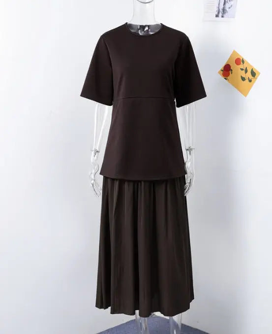 Elegant Brown Patchwork Pleated Short Sleeves Long Dress - EX-STOCK Canada
