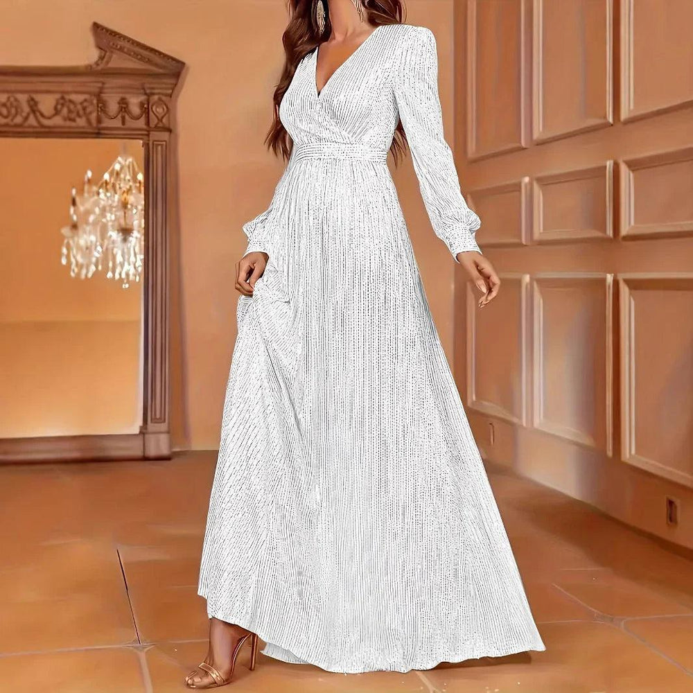 Elegant Dinner Sequined Long Sleeve V-neck High Waist Evening Dress EX-STOCK Canada