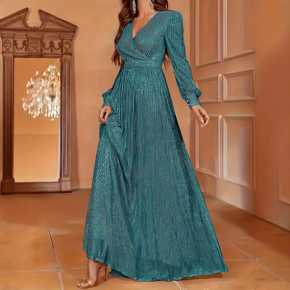 Elegant Dinner Sequined Long Sleeve V-neck High Waist Evening Dress EX-STOCK Canada