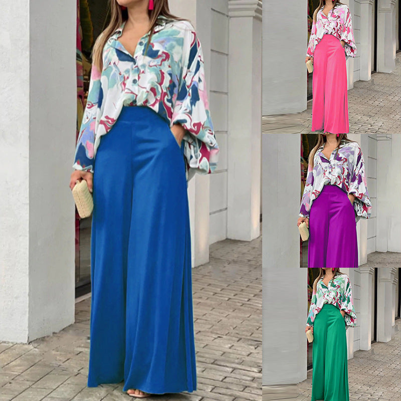 Loose And Elegant Casual Printed Shirt Top Wide Leg Pants Fashion Suit EX-STOCK Canada