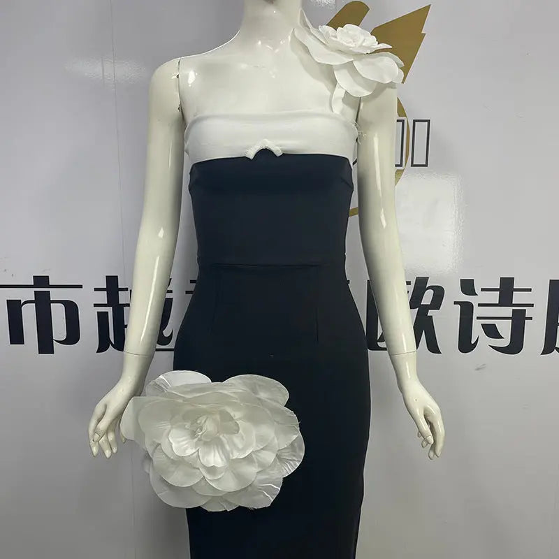 Embroidered Flower Black Long Tube Top Dress Wedding Evening Party Cocktail Dress - EX-STOCK Canada