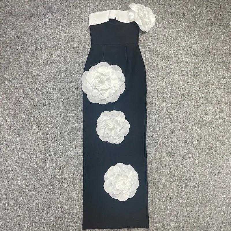 Robe noire longue tube à fleurs brodées pour mariage, soirée ou cocktail - EX-STOCK Canada