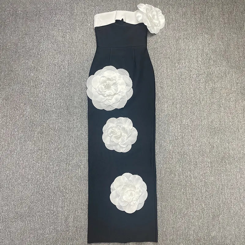 Embroidered Flower Black Long Tube Top Dress Wedding Evening Party Cocktail Dress - EX-STOCK Canada