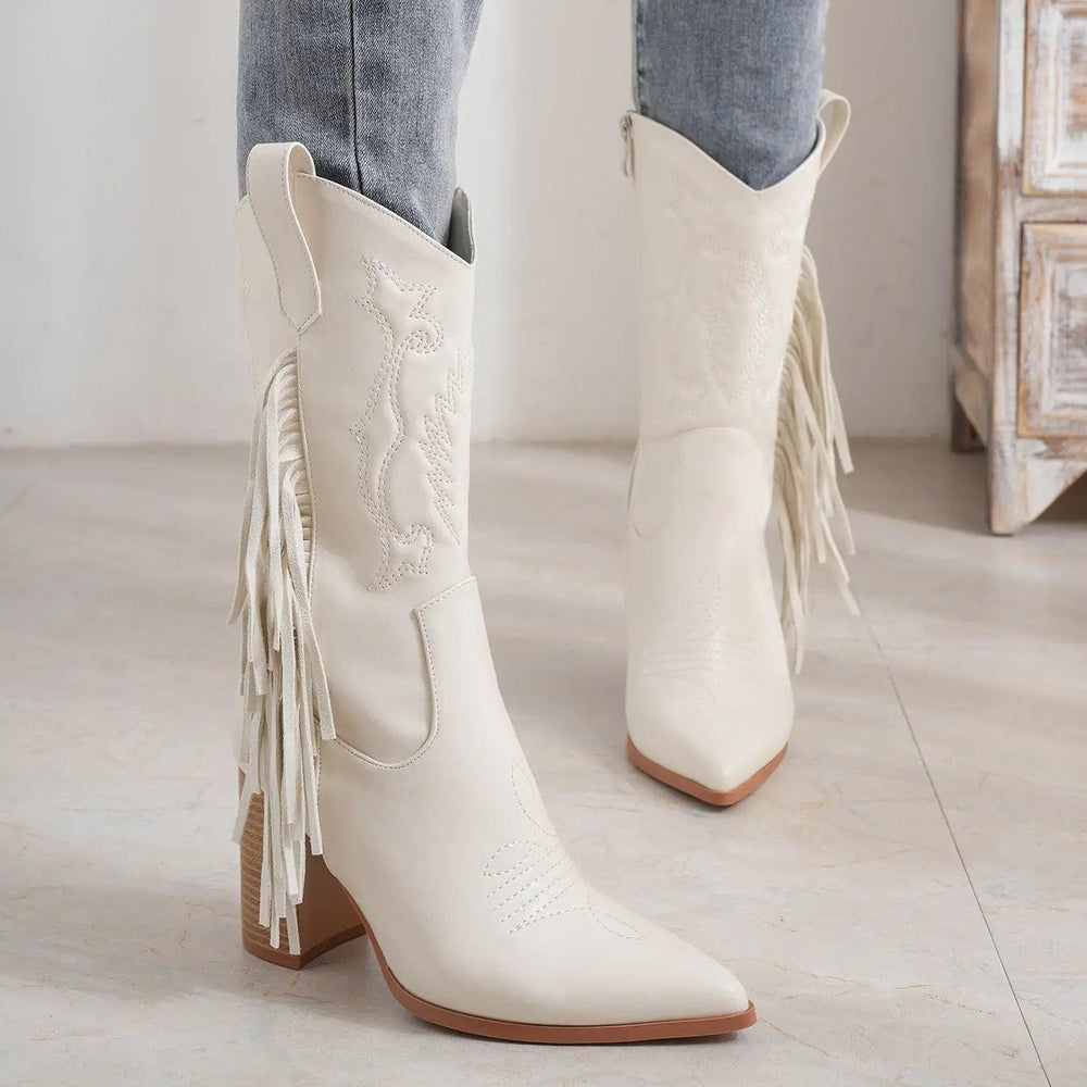 Botte de cowboy occidentale nouvelle blanche avec pampille brodée - EX-STOCK Canada