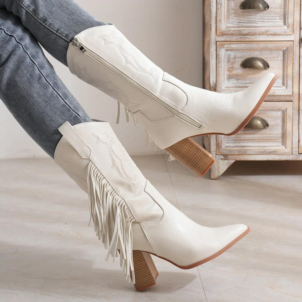 Botte de cowboy occidentale nouvelle blanche avec pampille brodée - EX-STOCK Canada