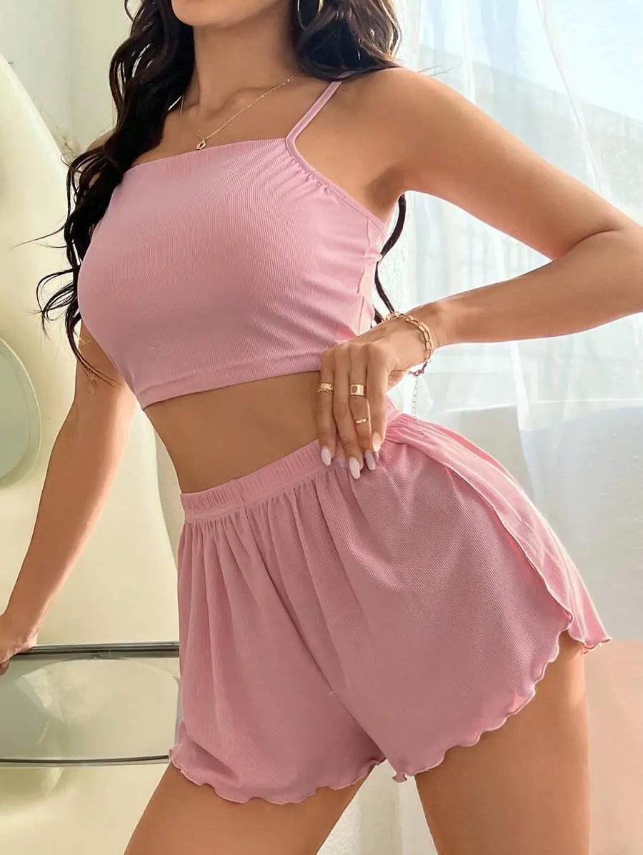 Pigiama da donna europeo e americano con canottiera che può essere indossato all'esterno con shorts con spacco, completo due pezzi - EX-STOCK Canada