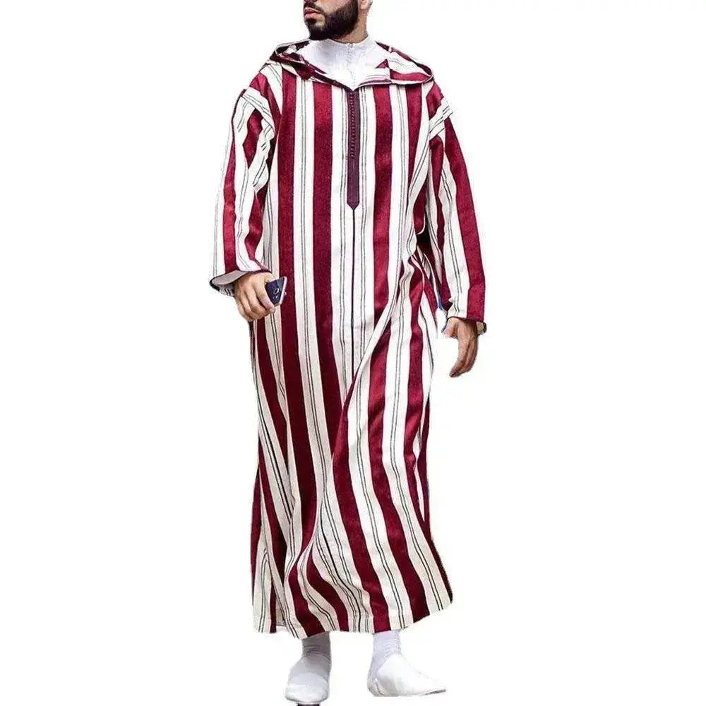 Fashionable and Elegant Men's Color Blocking Striped Long Arab Robe Hoodie Moroccan Men's Jalabiya - EX-STOCK Canada