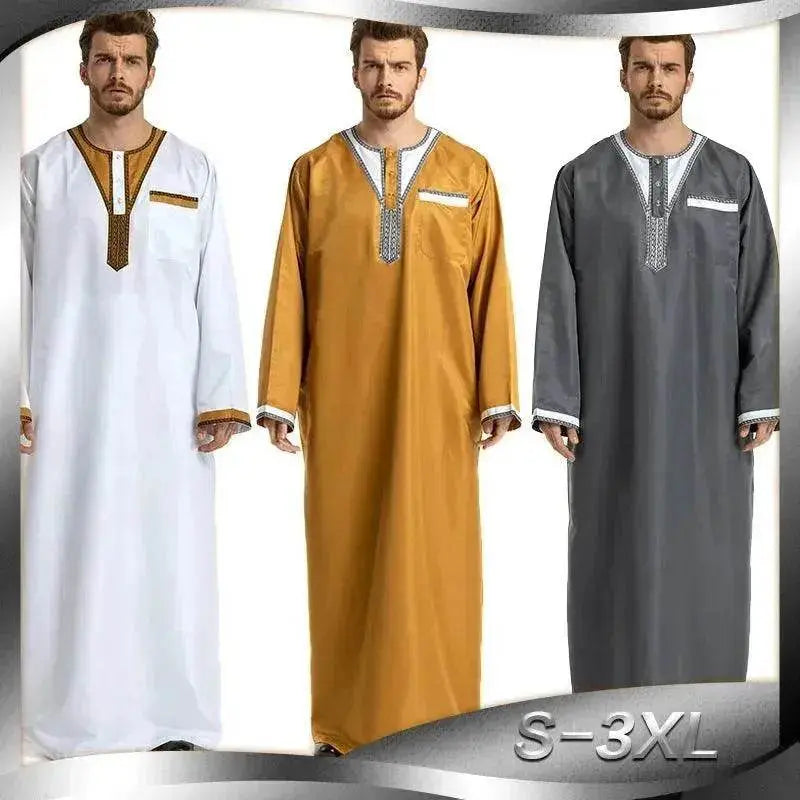 Fashionable and Elegant Round Neck Stitching Long-Sleeved Arab Hui Robe Male Moroccan Men's Jalabiya - EX-STOCK Canada