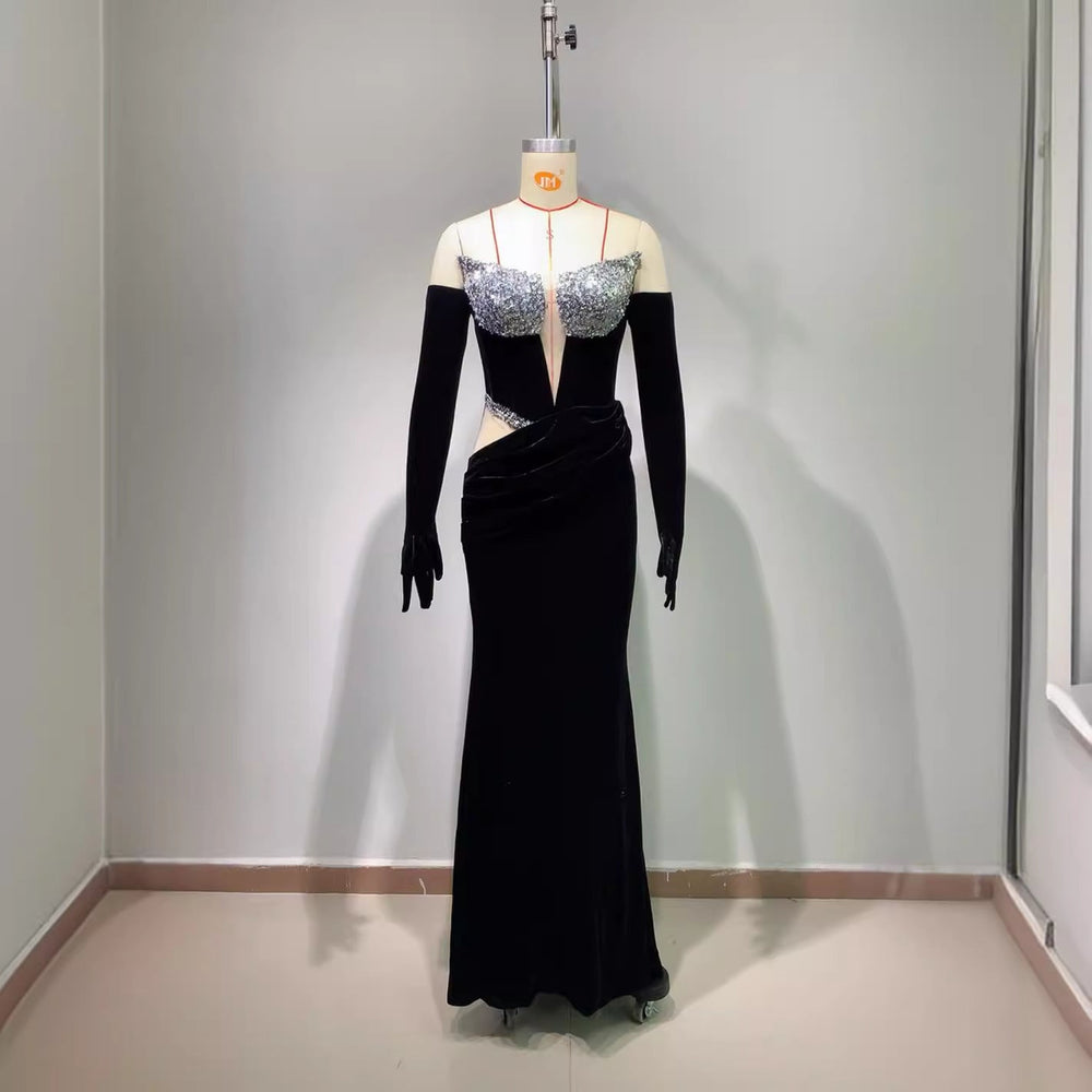 Gloves Hollow-out Low Cut Velvet Tube Top Dress Dinner Party EX-STOCK Canada