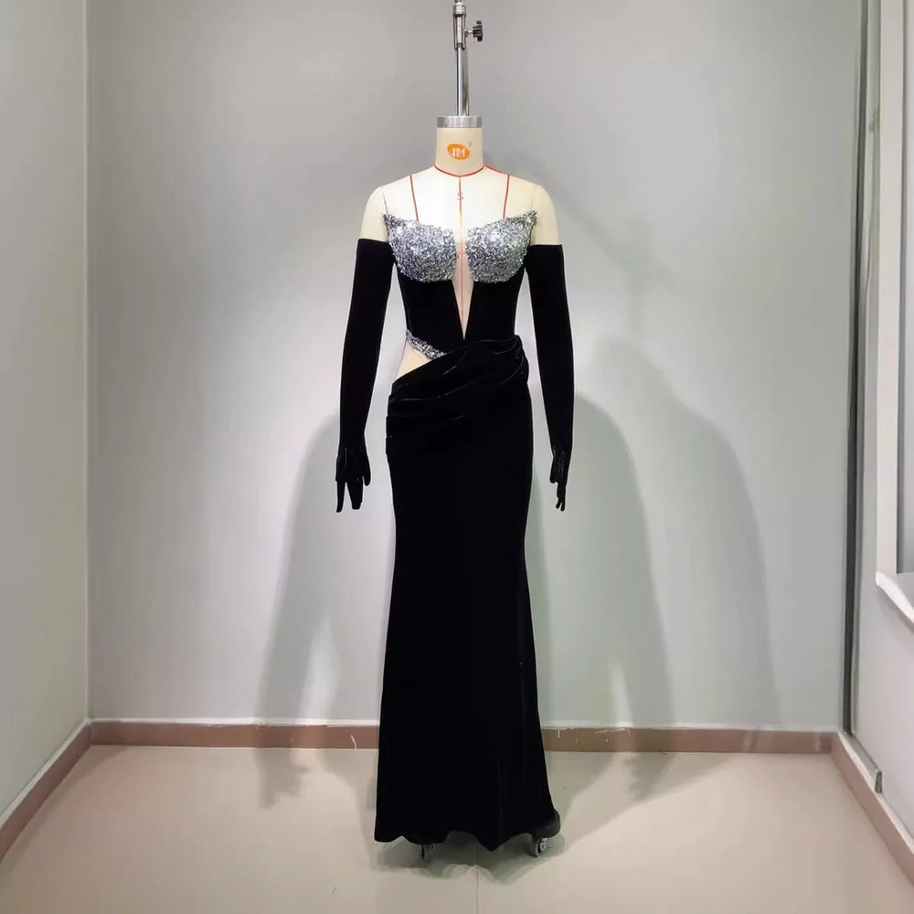 Gloves Hollow-out Low Cut Velvet Tube Top Dress Dinner Party EX-STOCK Canada