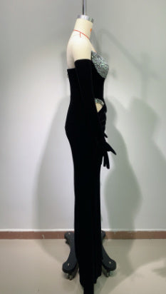 Gloves Hollow-out Low Cut Velvet Tube Top Dress Dinner Party EX-STOCK Canada