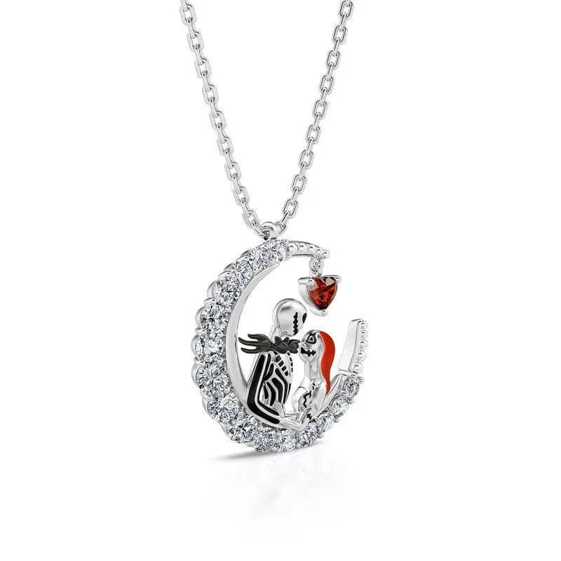 Halloween Moon-shaped Skull Necklace With Rhinestones Couple Love Clavicle Necklace Men And Women Jewelry Accessories - EX-STOCK Canada