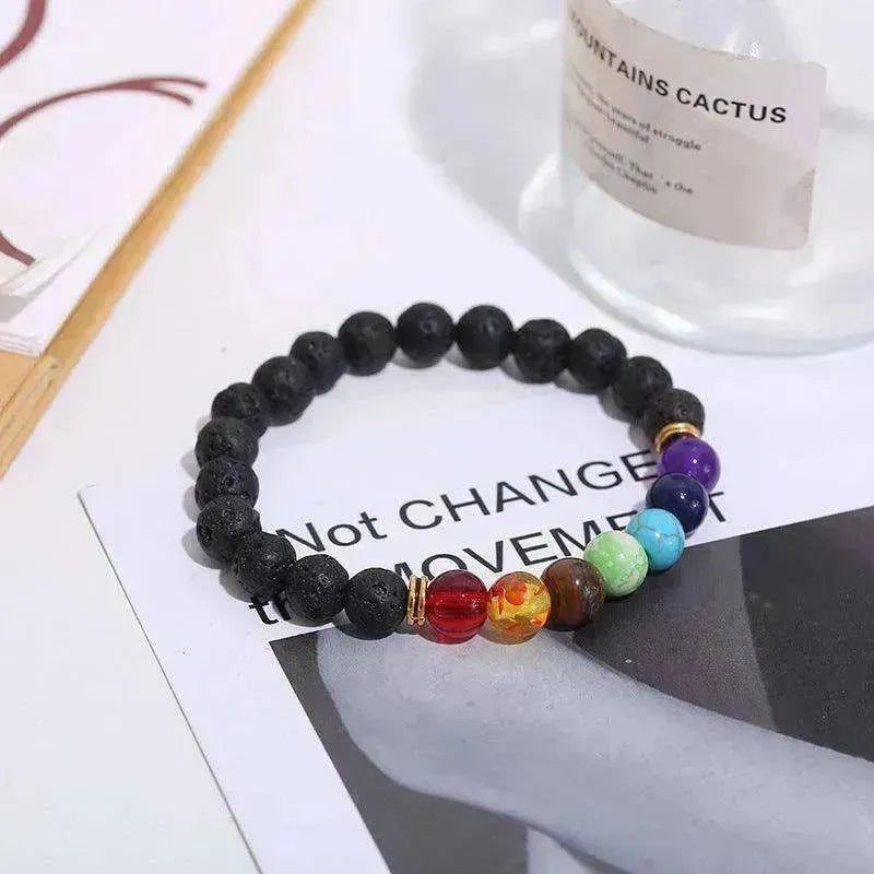 Handgefertigtes schwarzes Lava-Sieben-Chakra-Heilung-Balance-Perlenarmband - EX-STOCK CANADA
