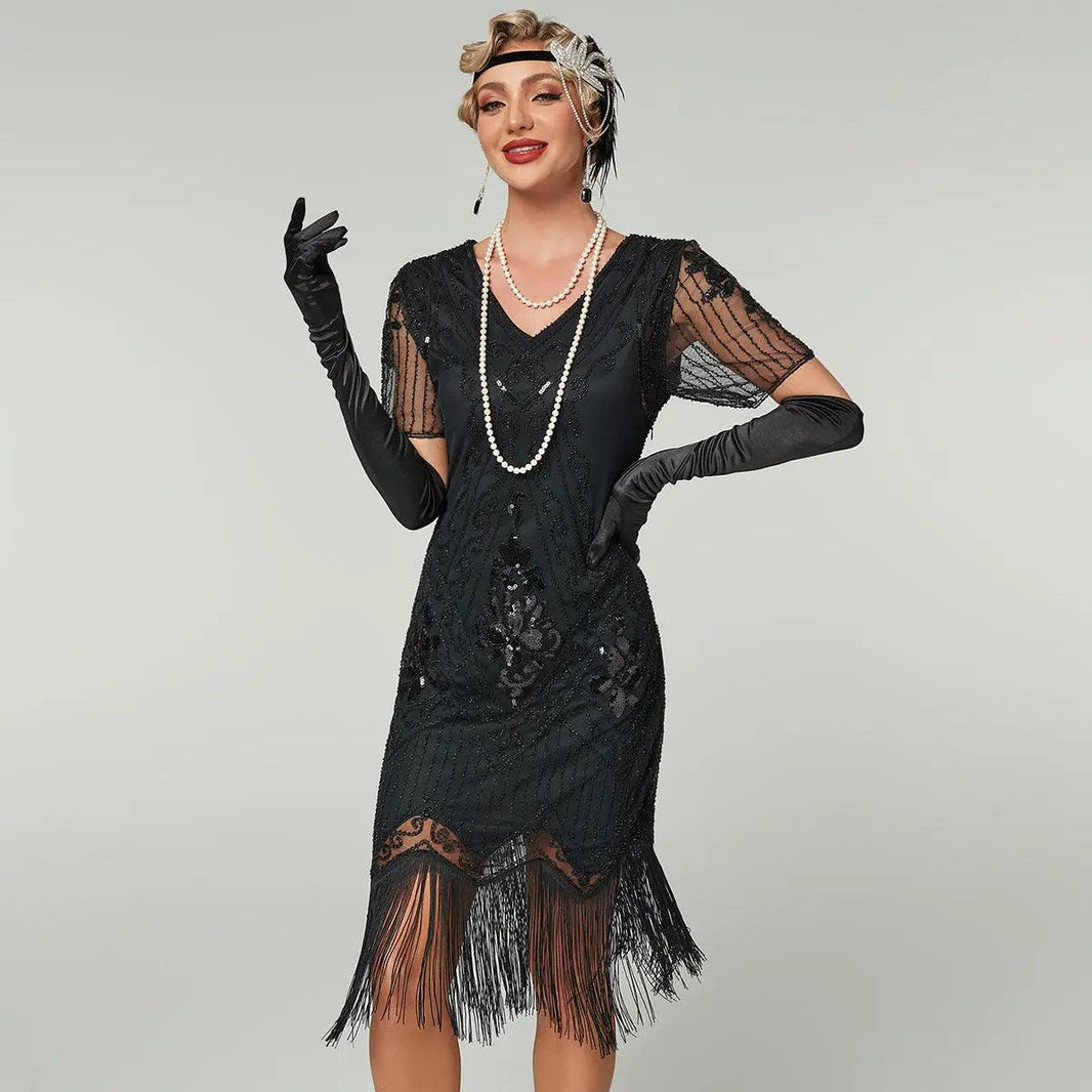 Vestido con Flecos de Borlas, Lentejuelas y Cuentas Bordadas a Mano - EX-STOCK Canada