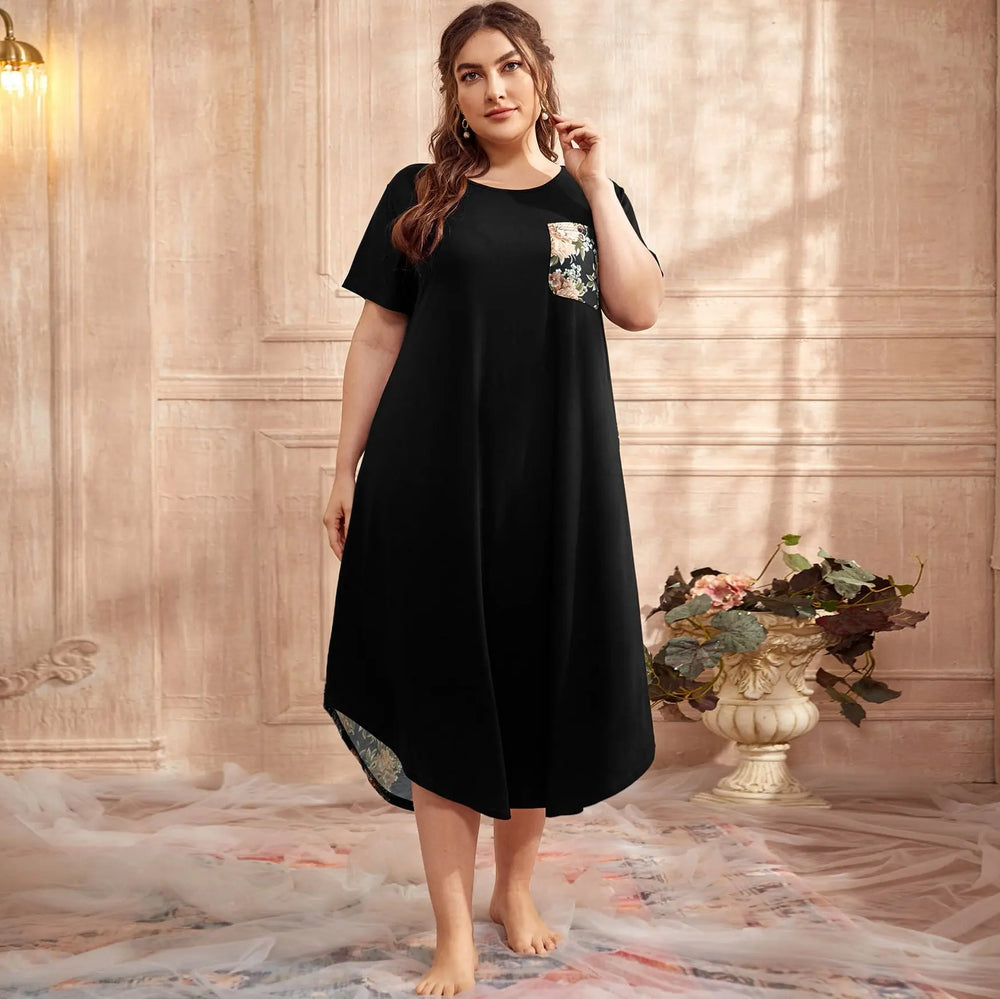 Homewear Pajamas Short-sleeved Printing Stitching Contrast Color Plus-sized Home Nightdress For Women - EX-STOCK Canada