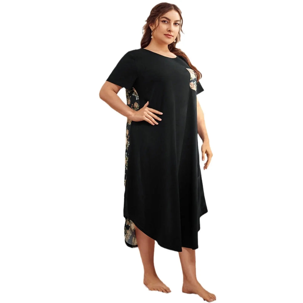 Homewear Pajamas Short-sleeved Printing Stitching Contrast Color Plus-sized Home Nightdress For Women - EX-STOCK Canada