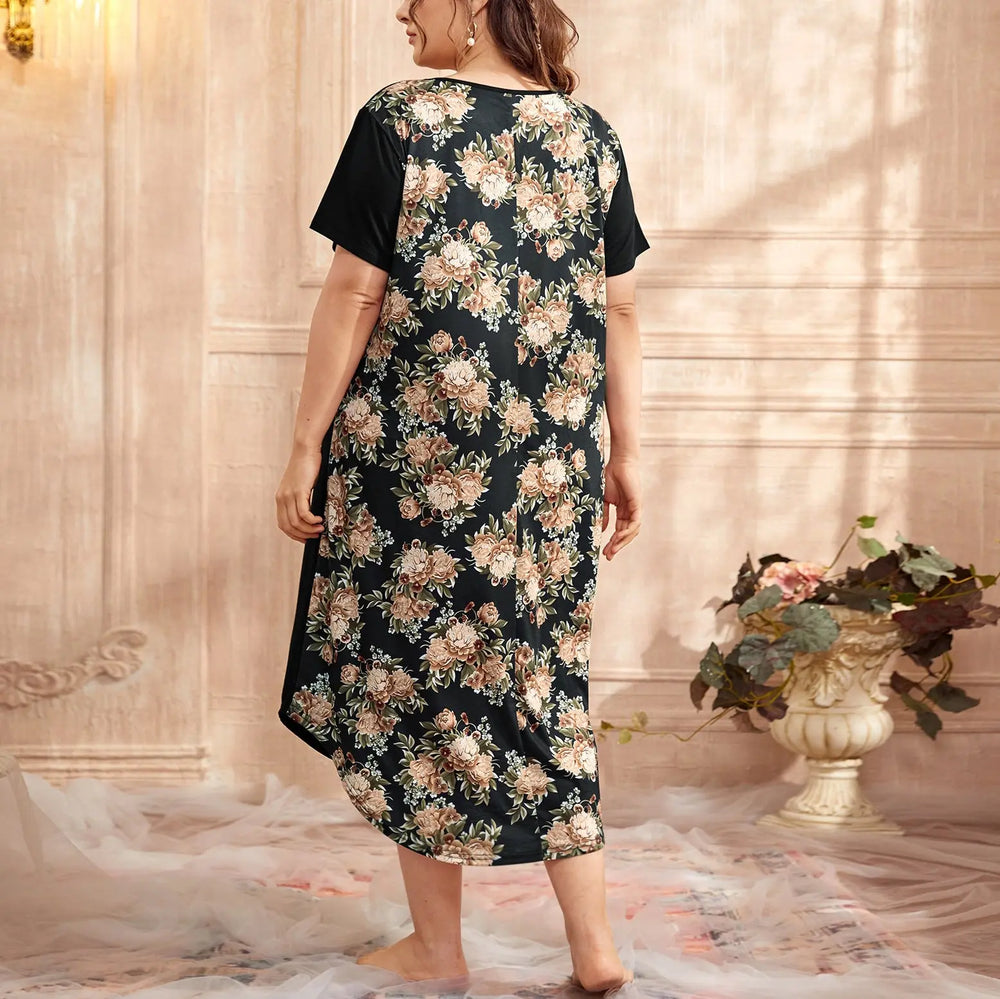 Homewear Pajamas Short-sleeved Printing Stitching Contrast Color Plus-sized Home Nightdress For Women - EX-STOCK Canada