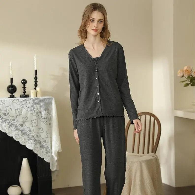 Homewear con bretelle Cardigan stile francese Pigiama tre pezzi per donna - EX-STOCK Canada