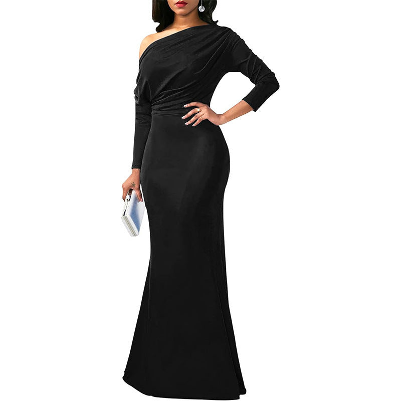 Independent Station Cross Border Elegant Sexy Oblique Shoulder Long Dinner Evening Dress EX-STOCK Canada