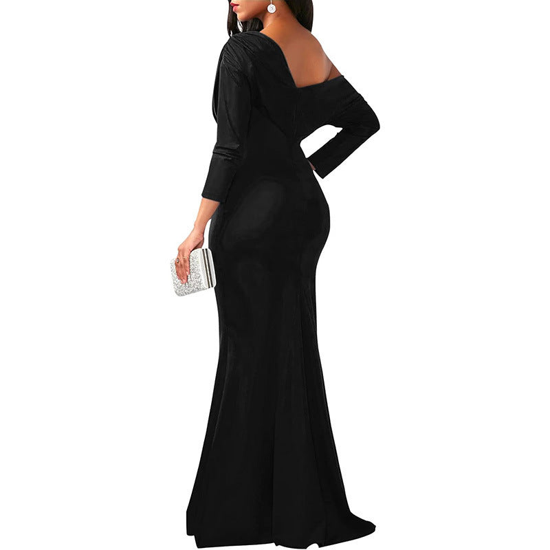 Independent Station Cross Border Elegant Sexy Oblique Shoulder Long Dinner Evening Dress EX-STOCK Canada
