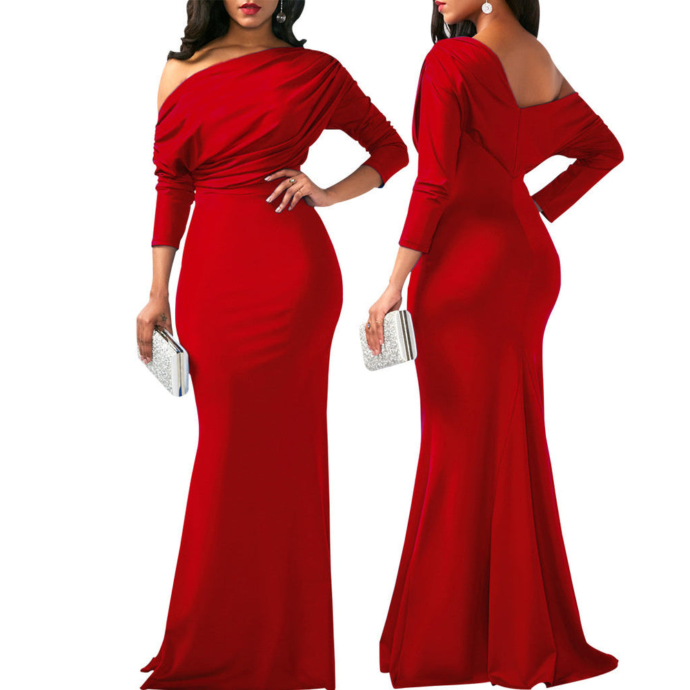 Independent Station Cross Border Elegant Sexy Oblique Shoulder Long Dinner Evening Dress EX-STOCK Canada