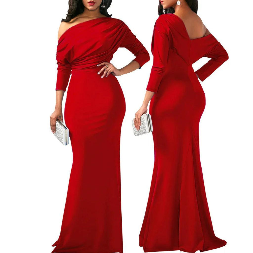 Vestido de Noche Largo con Hombro Oblicuo Elegante y Sexy de Estación Independiente Cruzando la FronteraEX-STOCK Canada